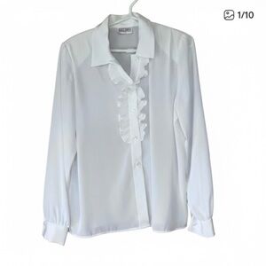 Vintage White Romantic Regencycore Ruffled Tuxedo Blouse Women’s Size 8